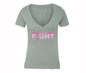 XtraFly Apparel Women's I'm Here to Fight Pink Breast Cancer Ribbon V-neck Short Sleeve T-shirt