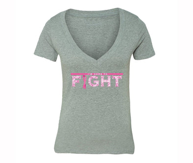 XtraFly Apparel Women's I'm Here to Fight Pink Breast Cancer Ribbon V-neck Short Sleeve T-shirt