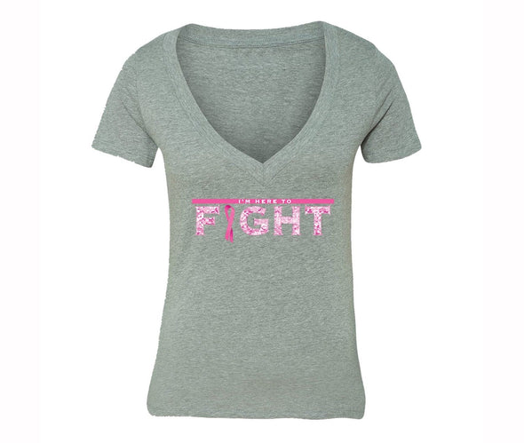 XtraFly Apparel Women's I'm Here to Fight Pink Breast Cancer Ribbon V-neck Short Sleeve T-shirt