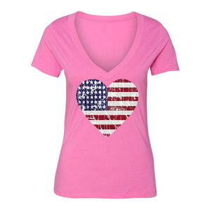 XtraFly Apparel Women's Distressed Heart Flag American Pride V-neck Short Sleeve T-shirt