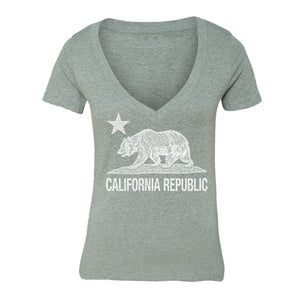 XtraFly Apparel Women's Bear Distressed CA California Pride V-neck Short Sleeve T-shirt