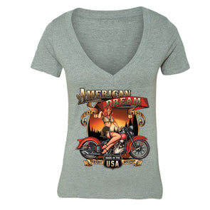 XtraFly Apparel Women's American Dream Milwauke Biker Motorcycle V-neck Short Sleeve T-shirt