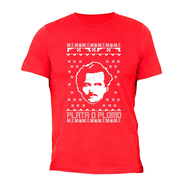 XtraFly Apparel Men's Plata O Plomo Pablo Escobar Ugly Christmas Crewneck Short Sleeve T-shirt