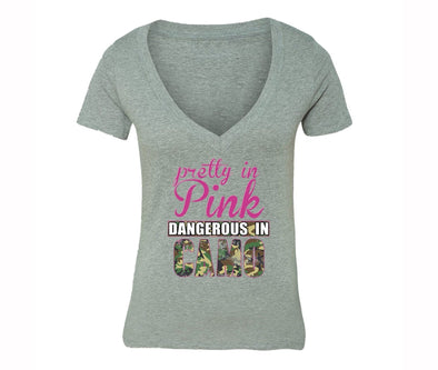 XtraFly Apparel Women's Pretty in Pink Breast Cancer Ribbon V-neck Short Sleeve T-shirt