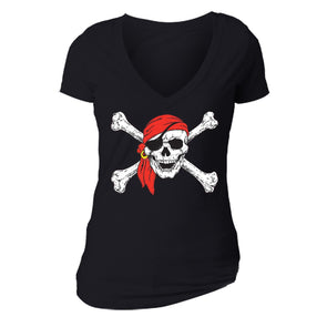 XtraFly Apparel Women's Jolly Roger Rodger Pirate Skulls Day Of Dead V-neck Short Sleeve T-shirt