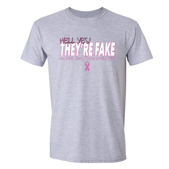 XtraFly Apparel Men's They're Fake Pink Breast Cancer Ribbon Crewneck Short Sleeve T-shirt