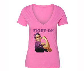 XtraFly Apparel Women's Rosie Riveter Fight Breast Cancer Ribbon V-neck Short Sleeve T-shirt