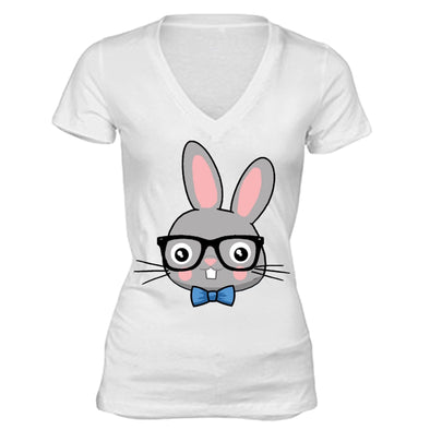 XtraFly Apparel Women's Rabbit Nerd EyeGlasses Easter V-neck Short Sleeve T-shirt