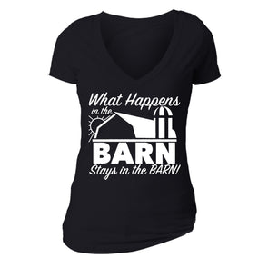 XtraFly Apparel Women's What Happens Barn Novelty Gag V-neck Short Sleeve T-shirt