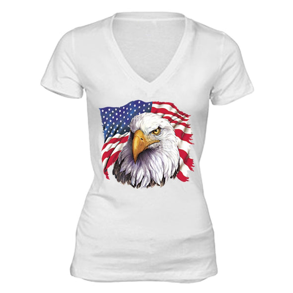 XtraFly Apparel Women's American Flag Distressed 4th of July V-neck Short Sleeve T-shirt