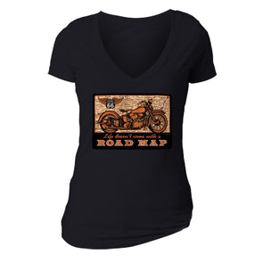 XtraFly Apparel Women's Road Map Route 66 Biker Motorcycle V-neck Short Sleeve T-shirt