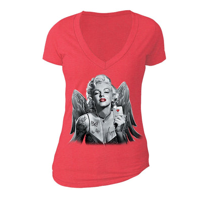 XtraFly Apparel Women's Selfie Angel Wings Marilyn Monroe V-neck Short Sleeve T-shirt