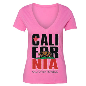XtraFly Apparel Women's Stacked Cali Bear California Pride V-neck Short Sleeve T-shirt