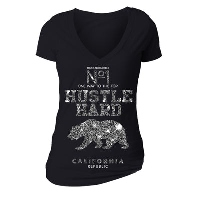 XtraFly Apparel Women's Hustle Hard Bear CA California Pride V-neck Short Sleeve T-shirt