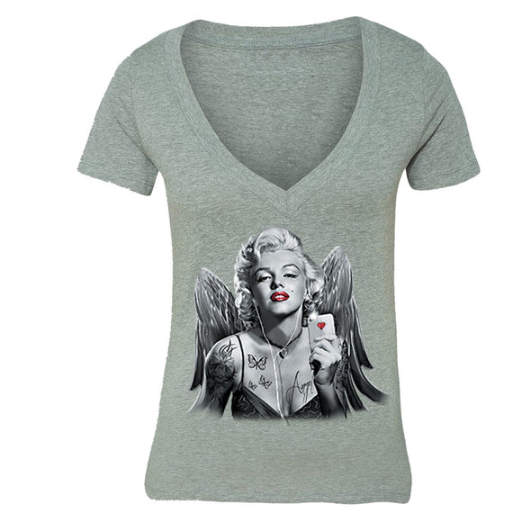 XtraFly Apparel Women's Selfie Angel Wings Marilyn Monroe V-neck Short Sleeve T-shirt