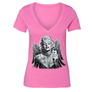 XtraFly Apparel Women's Selfie Angel Wings Marilyn Monroe V-neck Short Sleeve T-shirt