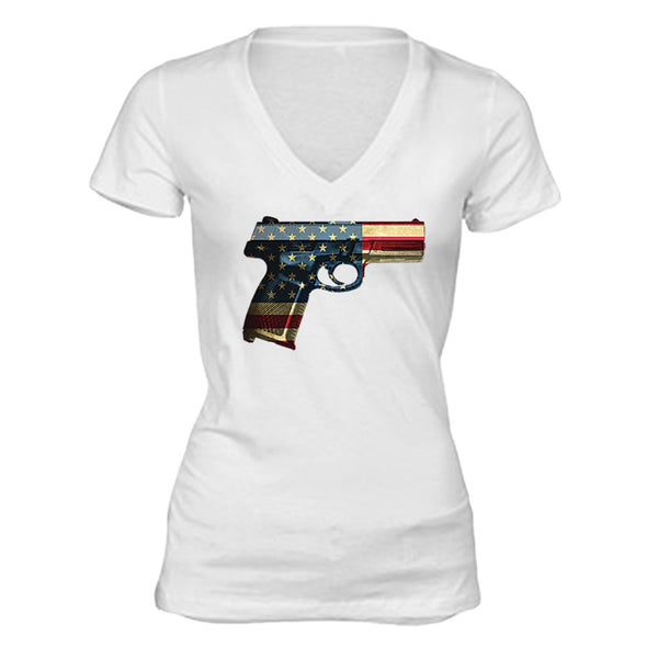 XtraFly Apparel Women's Gun Pistol Flag American Pride V-neck Short Sleeve T-shirt