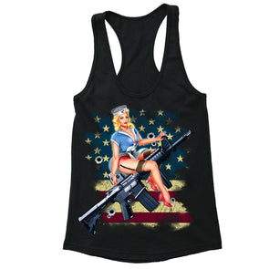 XtraFly Apparel Women's Navy Rifle USA Flag 2nd Amendment Racer-back Tank-Top