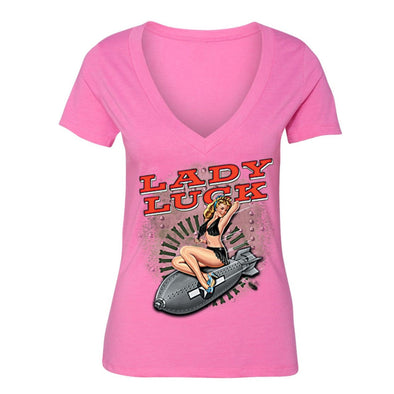 XtraFly Apparel Women's Lady Luck Bomb Military Pow Mia V-neck Short Sleeve T-shirt