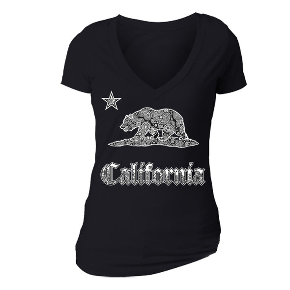 XtraFly Apparel Women's Paisley Bear CA California Pride V-neck Short Sleeve T-shirt