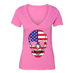 XtraFly Apparel Women's Smiling Skull American Pride V-neck Short Sleeve T-shirt