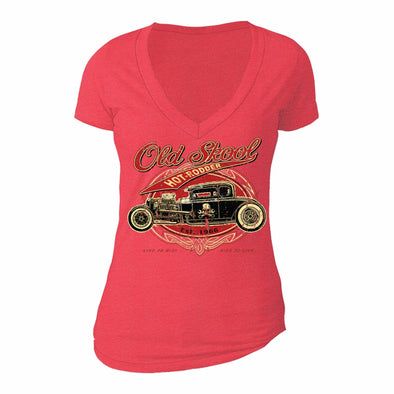XtraFly Apparel Women's Old Skool Hot Rodder Car Truck Garage V-neck Short Sleeve T-shirt