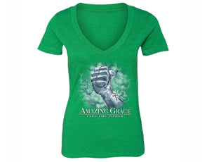 XtraFly Apparel Women's Amazing Grace Jesus Church Christian Faith V-neck Short Sleeve T-shirt