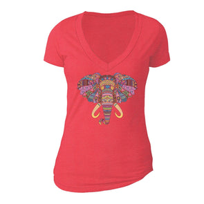 XtraFly Apparel Women's Elephant Head Tusk Pink Tribal Animal V-neck Short Sleeve T-shirt