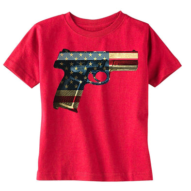 XtraFly Apparel Boys Gun Pistol Flag American Pride Crewneck Short Sleeve T-shirt