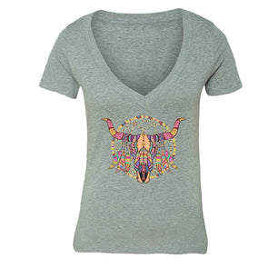 XtraFly Apparel Women's Cow Skull Dreamcatcher Pink Tribal Animal V-neck Short Sleeve T-shirt