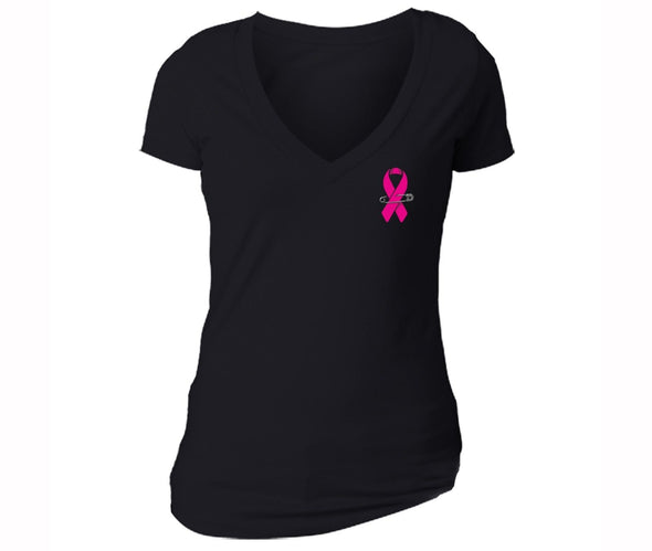 XtraFly Apparel Women's Pocket Pink Ribbon Breast Cancer Ribbon V-neck Short Sleeve T-shirt