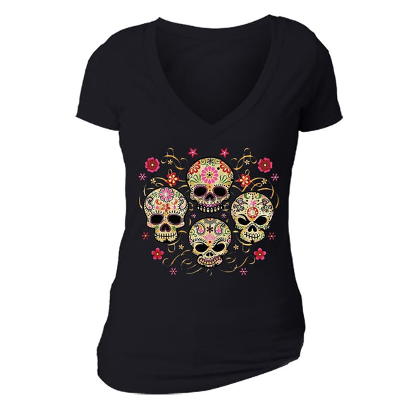 XtraFly Apparel Women's Muerte Four Sugarskull Skulls Day Of Dead V-neck Short Sleeve T-shirt