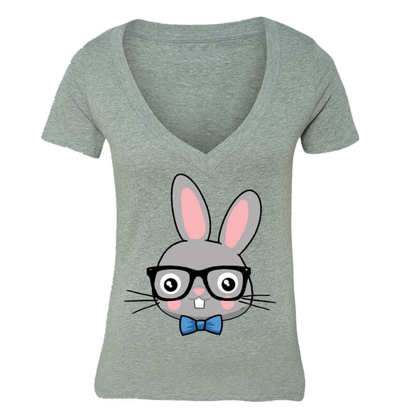 XtraFly Apparel Women's Rabbit Nerd EyeGlasses Easter V-neck Short Sleeve T-shirt