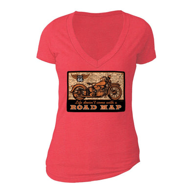 XtraFly Apparel Women's Road Map Route 66 Biker Motorcycle V-neck Short Sleeve T-shirt