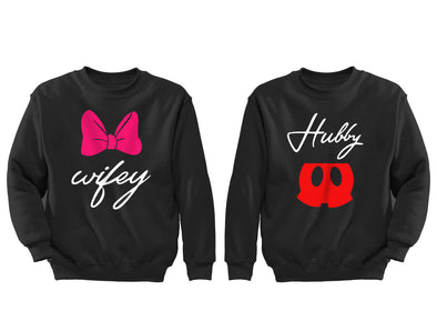 XtraFly Apparel Hubby Wifey Pink Bow Valentine's Matching Couples Pullover Crewneck-Sweatshirt