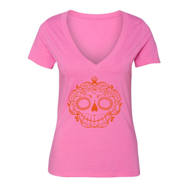 XtraFly Apparel Women's Spooky Sugarskull Halloween Pumpkin V-neck Short Sleeve T-shirt