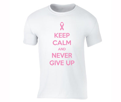 XtraFly Apparel Men's Never Give Up Pink Breast Cancer Ribbon Crewneck Short Sleeve T-shirt