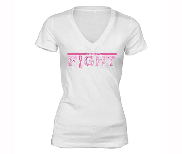 XtraFly Apparel Women's I'm Here to Fight Pink Breast Cancer Ribbon V-neck Short Sleeve T-shirt