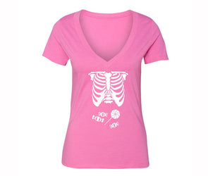 XtraFly Apparel Women's Skeleton Candy Belly Halloween Pumpkin V-neck Short Sleeve T-shirt