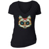 XtraFly Apparel Women's Cat Muerte Sugarskull Skulls Day Of Dead V-neck Short Sleeve T-shirt
