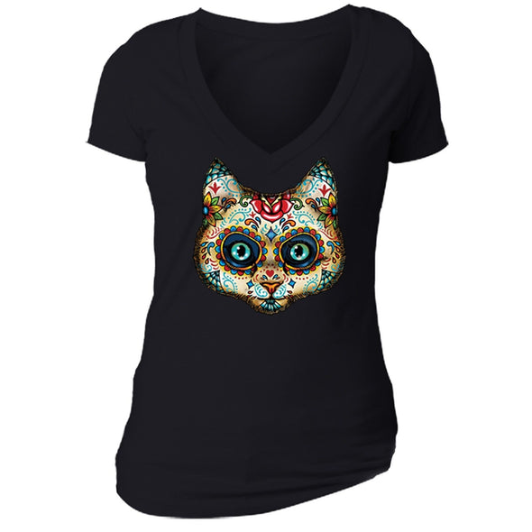 XtraFly Apparel Women's Cat Muerte Sugarskull Skulls Day Of Dead V-neck Short Sleeve T-shirt