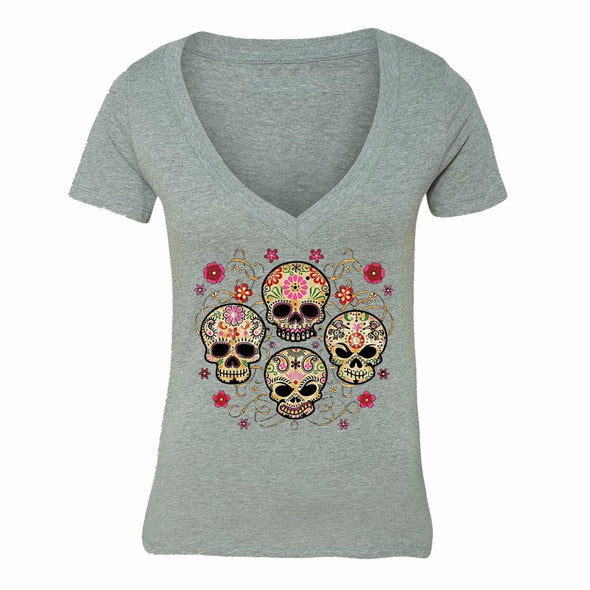 XtraFly Apparel Women's Muerte Four Sugarskull Skulls Day Of Dead V-neck Short Sleeve T-shirt