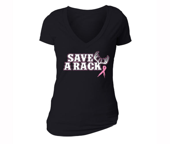 XtraFly Apparel Women's Save A Rack Antlers Breast Cancer Ribbon V-neck Short Sleeve T-shirt