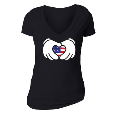 XtraFly Apparel Women's Hands Heart Flag American Pride V-neck Short Sleeve T-shirt