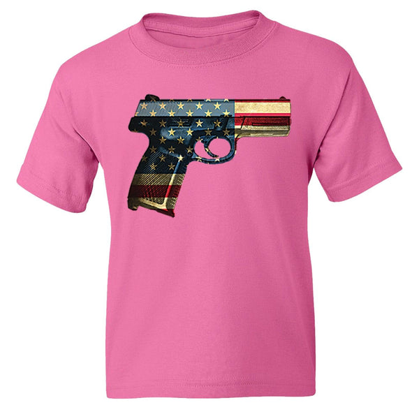 XtraFly Apparel Girls Gun Pistol Flag American Pride Crewneck Short Sleeve T-shirt