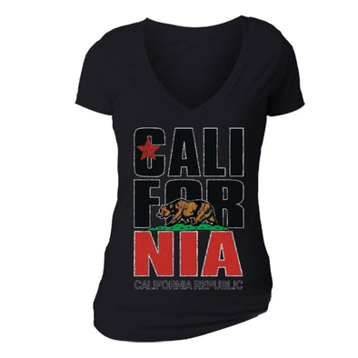 XtraFly Apparel Women's Stacked Cali Bear California Pride V-neck Short Sleeve T-shirt