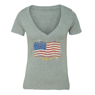 XtraFly Apparel Women's Wavy Flag USA American Pride V-neck Short Sleeve T-shirt