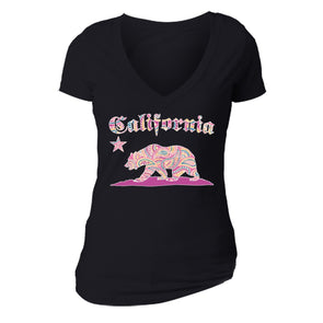 XtraFly Apparel Women's Paisley Pink Bear CA California Pride V-neck Short Sleeve T-shirt