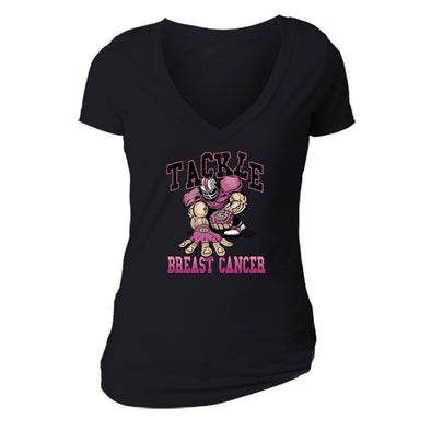 XtraFly Apparel Women's Tackle Pink Player Breast Cancer Ribbon V-neck Short Sleeve T-shirt