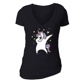 XtraFly Apparel Women's Unicorn Dabbing Rainbow Novelty Gag V-neck Short Sleeve T-shirt